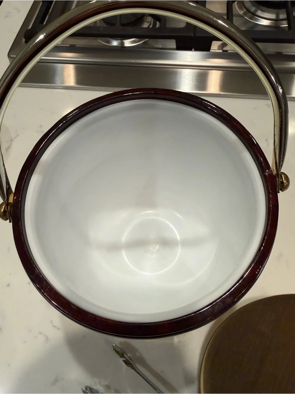 Kraftware Faux Wood Ice Bucket Gold Tone Lid Handle & Tongs Mid Century Barware